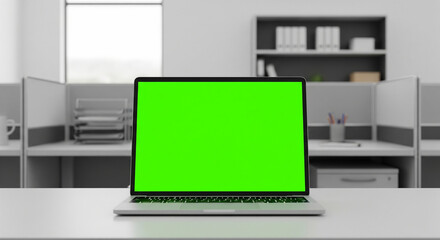 Laptop Mockups with Green Screens – Office Backgrounds Blurred, No People – UI/UX Design Presentation, Product Display, and Branding Showcase Ready