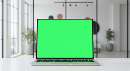 Laptop Mockups with Green Screens – Office Backgrounds Blurred, No People – UI/UX Design Presentation, Product Display, and Branding Showcase Ready