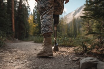 Veteran with prosthetic leg hikes a mountain trail, showcasing resilience and determination in a scenic outdoor environment.