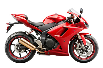 Shiny red sport motorcycle with gold exhaust and black seat isolated on a transparent background red motorcycle