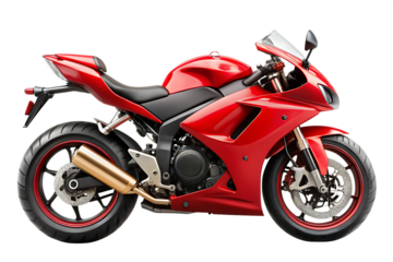 Shiny red sport motorcycle with gold exhaust and black seat isolated on a transparent background red motorcycle