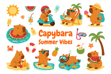 A collection of cute capybaras enjoying a summer day