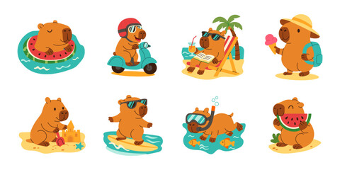A set of cartoon bears are enjoying a day at the beach. One bear is riding a scooter, another is swimming in the ocean, and another is lounging in the sun. The bears are all wearing sunglasses