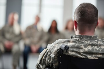 A veteran in a wheelchair attends a group therapy session wearing military camouflage fatigues, focused on healing and recovery.