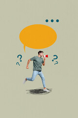 Vertical image poster photo collage of happy girl guy stand communication icon phrase...