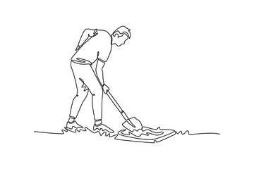 Fototapeta premium Planting tree in city concept. Single line draw design. Vector graphic illustration