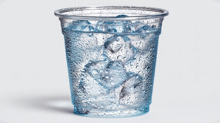 Transparent plastic cup filled with clear ice water, covered in condensation droplets against clean white background. Simple and crisp composition emphasizes freshness. Pure hydration concept