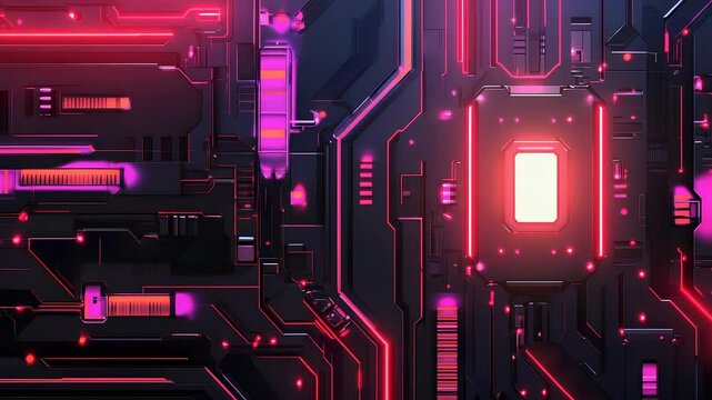 Close-up of a futuristic circuit board with glowing red and purple lines and intricate digital components.