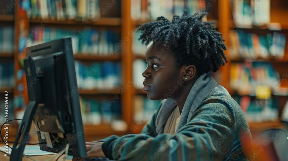Aufkleber A person sitting at a computer in a quiet library setting
