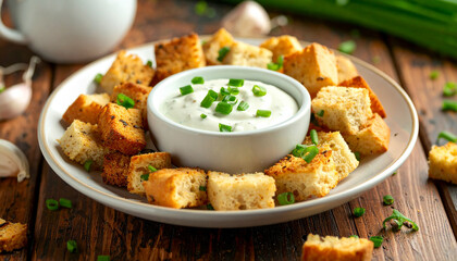 Crispy garlic croutons with creamy dip and fresh green onions. Tasty snack. Delicious food.