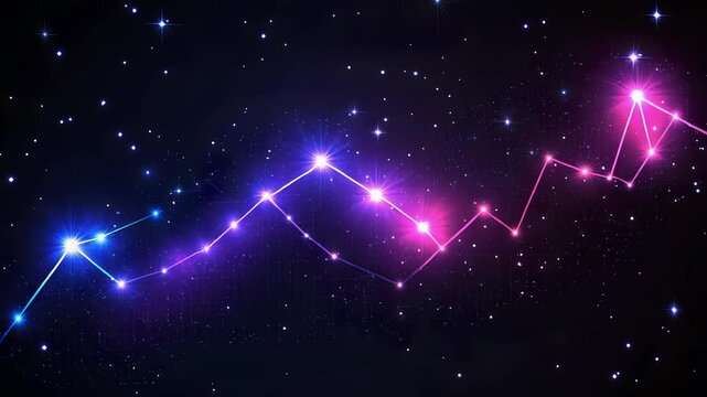 A vibrant abstract depiction of glowing interconnected stars forming a colorful zig-zag pattern against a dark, starry night sky.