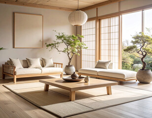 Fototapeta premium Create a cozy minimalist zen living room serenity and simplicity in your home