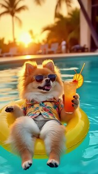 Pomeranian dog wearing sunglasses and floral shirt is relaxing on a float in a pool during sunset, enjoying a tropical drink in a vibrant summer atmosphere