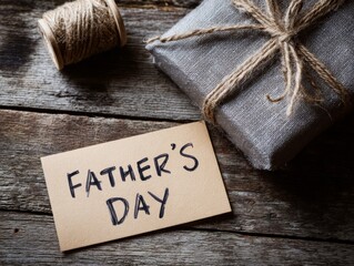Naklejka premium Father's Day background with wrapped gift, card, and rustic decor on wooden table