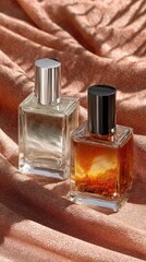 Two beautiful glass perfume bottles in orange and blue stand gracefully against a soft pink backdrop, showcasing their elegance