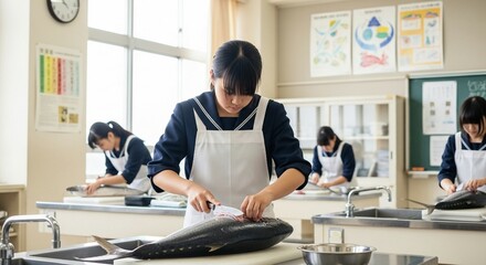 Fototapeta premium マグロをさばく少女