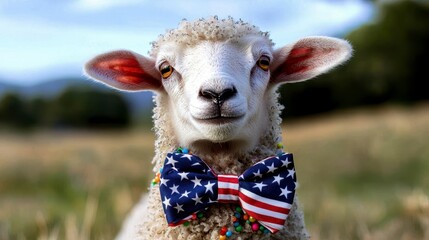 Close up of sheep in grassy field adorned with festive American flag bow tie and colorful beads. Patriotic animal celebrating 4th July Independence Memorial day in countryside. Farm