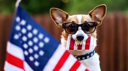 Dog in glasses holds American flag in his teeth against flag. A patriotic canine proudly displays national emblem.