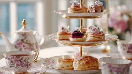 Elegant afternoon tea service displaying assorted cakes and pastries on a tiered stand with tea set