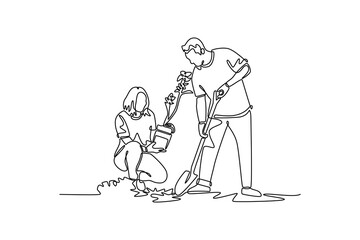 Planting tree in city concept. Single line draw design. Vector graphic illustration