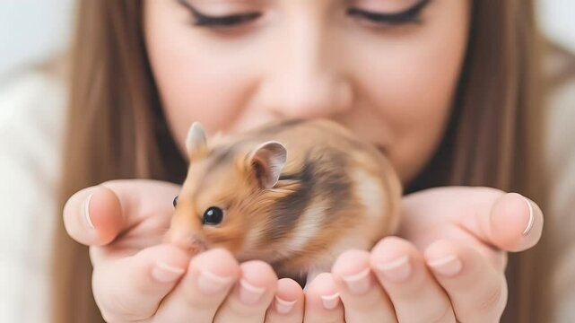 Beautiful brown hamster gently observed in hands of young woman with soft pastel light and tender atmosphere