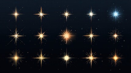 Naklejka premium Collection of twelve shining starbursts with radiant beams on a dark blue background