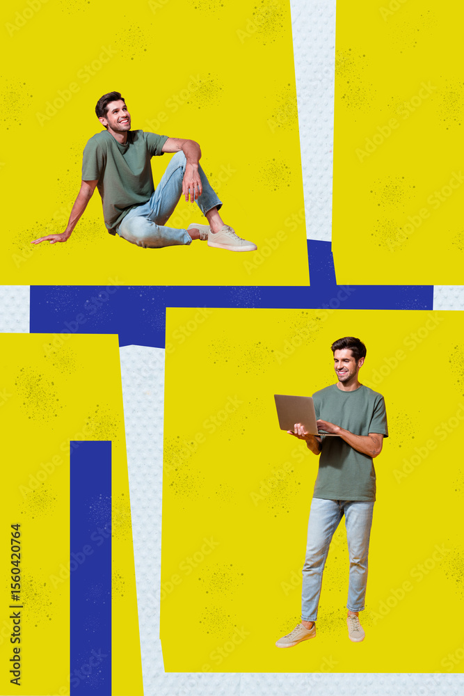 Aufkleber trend template sketch design 3d photo collage of young man sit down space work remote device compute
