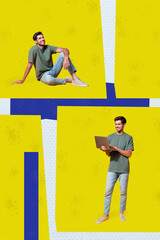 Trend template sketch design 3D photo collage of young man sit down space work remote device...