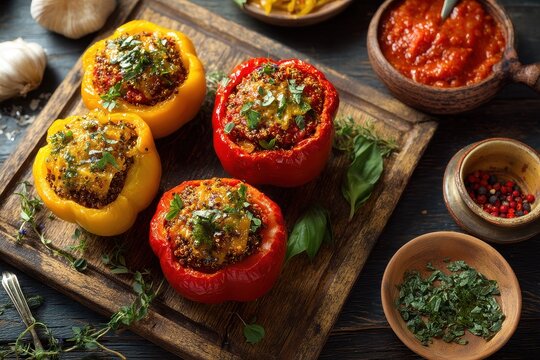 Gef&uuml;llte Paprika mit Reis Gem&uuml;se mediterranes Gericht vegan vegetarisch buntes Ofengericht gesunde Hausmannskost Paprika Rezept Gem&uuml;sef&uuml;llung Comfort Food Foodfotografie Herbstk&uuml;che Paprika Mix