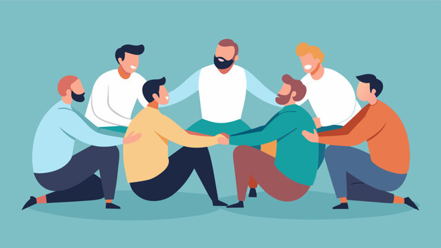 A group of men sitting in a circle holding hands and reaffirming their strength and worth despite societal expectations and advertising messages.. Vector illustration