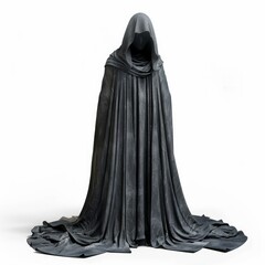 Naklejka premium Faceless figure wearing a dark hooded cloak is standing isolated on a white background