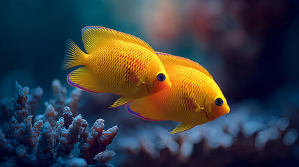 Fototapeta premium Beautiful yellow angelfish swimming in coral reef tropical ocean underwater life
