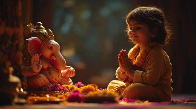 A young Indian girl with curly hair prays in front of a Ganesh idol surrounded by colorful flowers. The scene is warm and serene, capturing a moment of devotion.