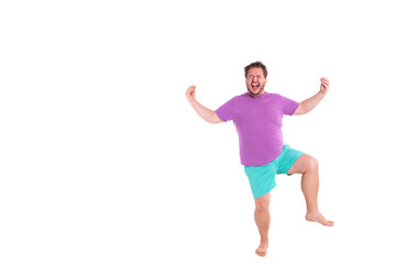 Funny fat man and fitness. White background.