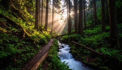 Obraz premium Misty Forest Trail with Flowing Water and Sunlight Rays Glowing