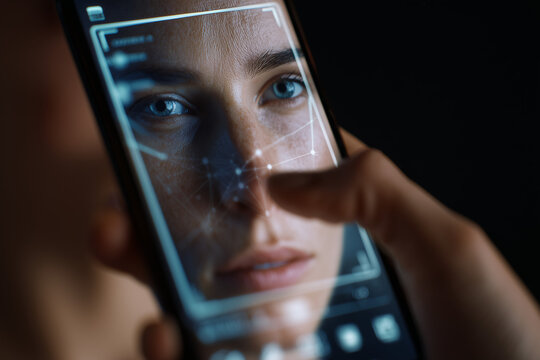 Close-up of facial recognition interface scanning a person’s face on a mobile phone screen, tech overlays visible, 