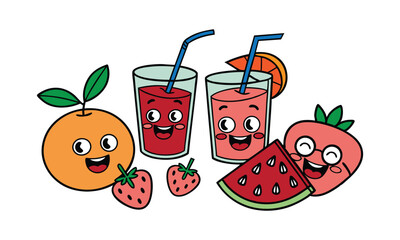 Cartoon Juices and Fruits with Smiling Faces Hand-Drawn Drink and Fruit Character Illustration
