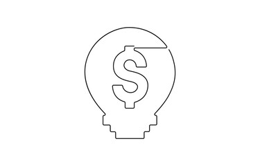 Continuous one line drawing of electric light bulb with dollar sign Concept of idea emergence, Money making idea, Creative lightbulb, Business and finance concept.