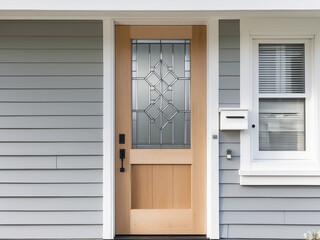 Fototapeta premium Light wooden front door with decorative glass panel, set in a grey clapboard wall with a white mailbox.
