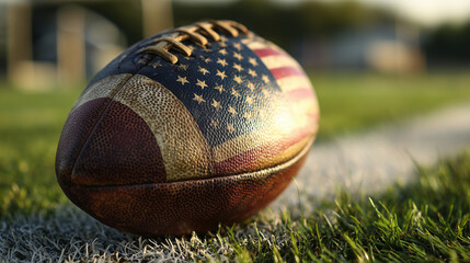 Close-up of an American football featuring the American flag, symbolizing patriotism and sports, perfect for USA, football, game, and national celebration concepts.