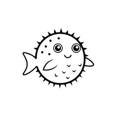 Cute cartoon puffer fish with spikes and big eyes smiling happily
