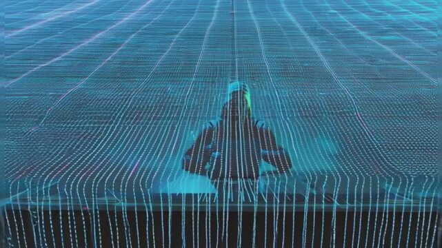 mystery hacker with a black hoodie, binary code background, and hacking a system