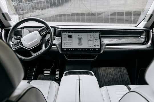 Close-up of the interior of a modern automobile. Interior details. Concept of auto parts, buying auto and interiors.