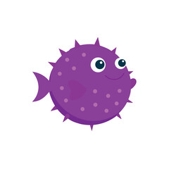 Cute cartoon purple puffer fish with spikes and big eyes smiling happily