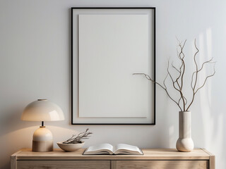 Blank vertical frame on a light wall above a wooden console table with a lamp, book, and vase with branches.