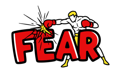 boxer punching a word Fear, comic cartoon illustration