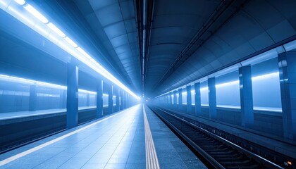 Fototapeta premium Misty Subway Platform at Twilight with Blue Fog in the Air