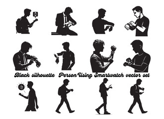 Fototapeta premium Black silhouette of person checking smartwatch time in modern tech pose on white background
