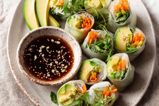 Sommerrollen vietnamesische Reispapierrollen vegan gef&uuml;llt mit Gem&uuml;se frischer Snack asiatisch gesund Fingerfood leichtes Gericht Summer Rolls mit Dip Foodfotografie Streetfood Bowlgericht Frischek&uuml;ch