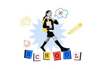 Creative banner full art collage of happy schoolgirl walk school excellent mark bell show like...